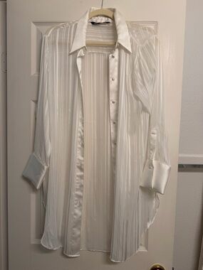 Zara Long Sheer Stripe Button-Down Blouse